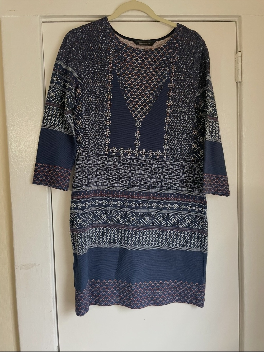 BCBGMaxAzria Navy and Light Blue Patterned 3/4 Sleeve Dress size‎ Small